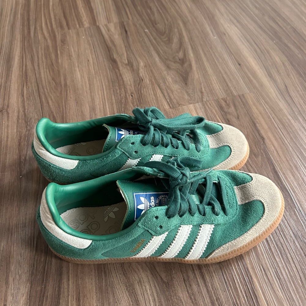 adidas Women’s Green Suede Gazelle Sneakers with White Stripes and Gum Sole